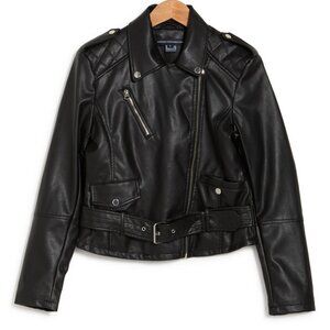 Faux Leather Belted Moto Biker Jacket